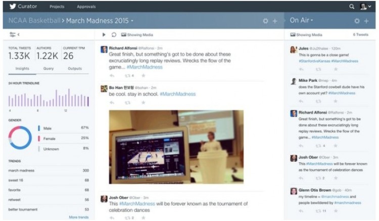 Screenshoot penggunaan Curator untuk mencari kicauan dan video Vine dengan kata kunci March Madness 2015