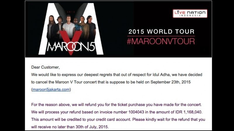 Ini Alasan Promotor Batalkan Konser Maroon 5 di Indonesia 