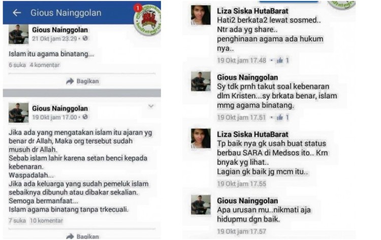Status provokasi Gious Nainggolan di FB yang melecehkan Islam